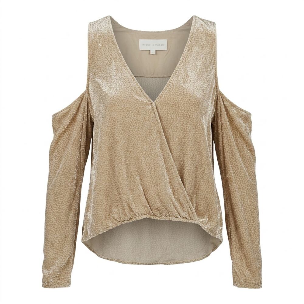 Michelle Mason 100% Silk Beige Wrap Velvet V-Neck Blouse Women Size 4